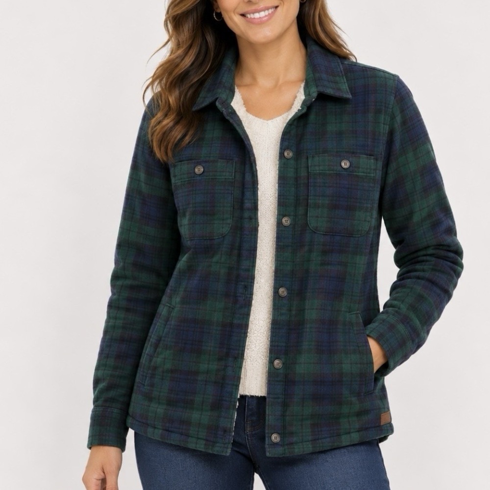 LL Bean Black Watch Scotch Plaid Sherpa Lined Shacket Flannel Jacket Pockets XL